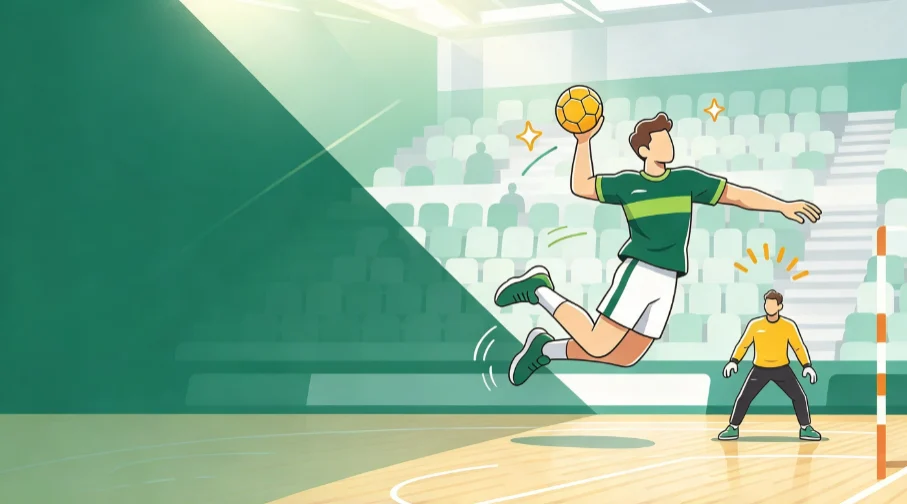 Eine Handballerin springt zum Wurf, der Torwart wartet
