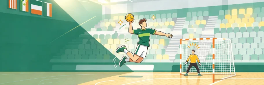 Eine Handballerin springt zum Wurf, der Torwart wartet