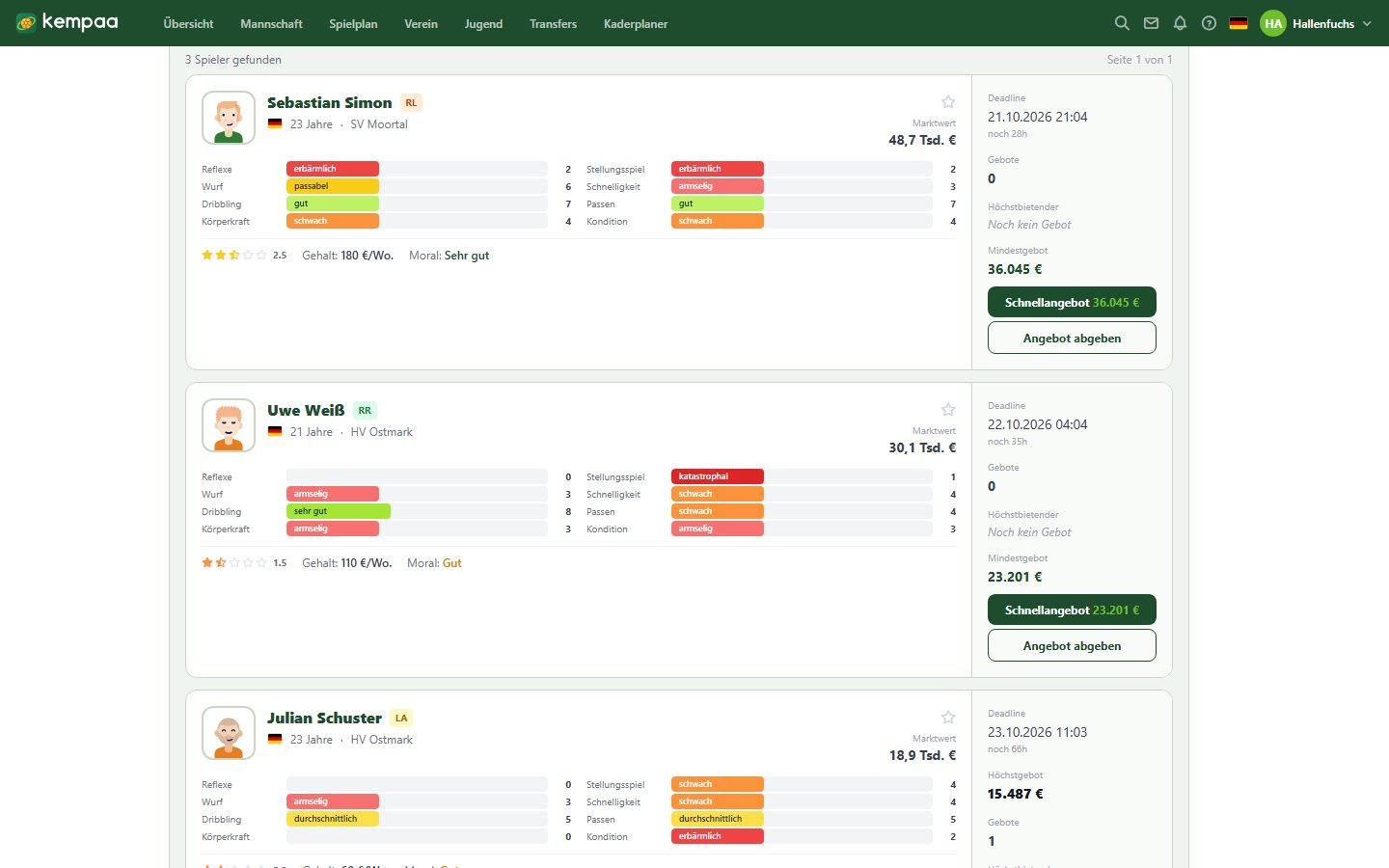 Der Transfermarkt mit laufenden Auktionen.